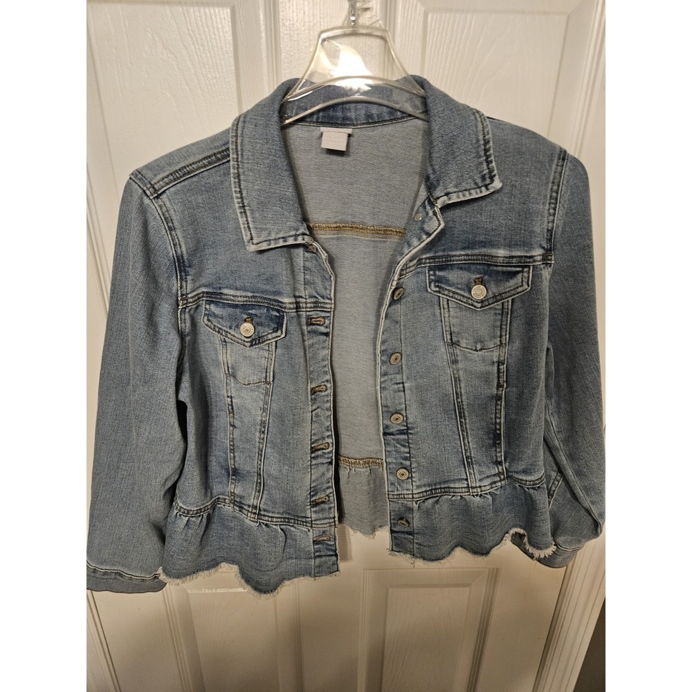 Chico's Blue Denim Jacket 2P Petite Frayed Hem Collared Pockets Button US 12/14
